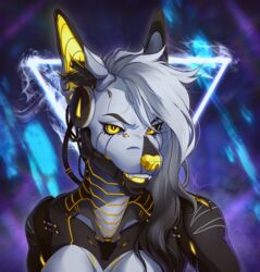  alex_(mxalexking) anthro canid canine canis cybernetics fangs female hair hi_res machine mammal robot solo teeth white_hair xsissa 