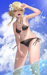  :d absurdres alternate_costume bikini black_bikini blonde_hair blue_sky blush breasts cleavage cloud cloudy_sky commentary cumulonimbus_cloud day feet_out_of_frame female flower genshin_impact hair_between_eyes hair_flower hair_ornament highres looking_at_viewer lumine_(genshin_impact) medium_breasts medium_hair navel ocean open_mouth outdoors paid_reward_available side-tie_bikini_bottom sidelocks sky smile solo standing stomach string_bikini sunlight swimsuit wading wet yellow_eyes yumeto_(ym-1) 