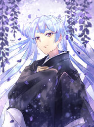  absurdres annabell_(durch9sicht5) ayashimon black_kimono brown_eyes female flower hair_horns highres japanese_clothes kimono long_hair looking_at_viewer petals sleeves_past_fingers sleeves_past_wrists solo standing thick_eyebrows upper_body urara_(ayashimon) wisteria 