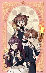  1boy 2girls brown_hair cardcaptor_sakura credit_card daidouji_tomoyo fire green_eyes highres kinomoto_sakura li_syaoran lolicon mastercard multiple_girls mwoji one_eye_closed open_mouth parted_bangs purple_eyes purple_hair school_uniform skirt tomoeda_elementary_school_uniform white_skirt 