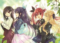  4girls ahoge bag black_hair blonde_hair blush bow breasts commentary_request date_a_live earrings flower hair_between_eyes hair_bun hair_ornament hair_ribbon hairbow hoshimiya_mukuro itsuka_kotori jacket jewelry long_hair multiple_girls official_art open_mouth purple_eyes purple_hair raizen_high_school_uniform red_eyes red_hair ribbon school_uniform shirt shoulder_bag single_hair_bun skirt smile spoilers tokisaki_kurumi tsunako twintails very_long_hair yatogami_tooka yellow_eyes 