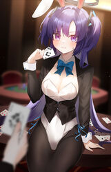  absurdres alternate_costume animal_ears arm_support black_pantyhose blue_archive blue_bow blurry blurry_foreground blush bow breasts card cleavage commentary detached_collar fake_animal_ears female halo highres holding holding_card leotard mechanical_halo medium_breasts nail_polish on_table pantyhose playboy_bunny purple_eyes purple_hair rabbit_ears solo sweat syuma table two_side_up white_leotard wrist_cuffs yuuka_(blue_archive) 