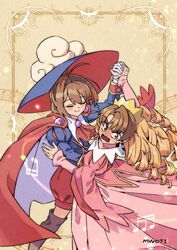  1boy antenna_hair artist_name ascot blonde_hair blue_shirt blush border brown_background brown_footwear brown_hair cape cardcaptor_sakura closed_eyes crossdressing crown dancing dress feet_out_of_frame female gloves hair_between_eyes highres holding_hands juliet_sleeves kinomoto_sakura li_syaoran long_dress long_hair long_sleeves mwoji pink_dress puffy_long_sleeves puffy_sleeves red_ascot red_cape red_shorts ringlets shirt short_hair shorts smile white_gloves wig 