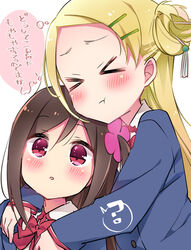  &gt;_&lt; 2girls :t ? blazer blonde_hair blue_jacket blush bow bowtie brown_hair closed_eyes closed_mouth collared_shirt commentary_request flower forehead hair_between_eyes hair_flower hair_ornament hairpin hitori_bocchi hitoribocchi_no_marumaru_seikatsu hug hug_from_behind jacket long_hair looking_at_viewer multiple_girls red_bow red_eyes school_uniform shirt simple_background sk02 sotoka_rakita spoken_question_mark thought_bubble translation_request white_background white_shirt 