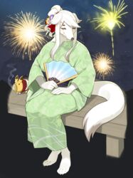  2020 absurd_res accessory anthro asian_clothing bench blush canid canine canis clothing cygames domestic_dog east_asian_clothing female fireworks folding_fan fur green_clothing hair hair_accessory helga_(world_flipper) hi_res holding_object japanese_clothing kame_3 kemono kimono mammal nordic_sled_dog samoyed smile solo spitz tied_hair white_body white_fur white_hair world_flipper 