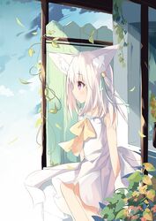  animal_ear_fluff animal_ears bare_arms bare_shoulders blush bow closed_mouth commentary_request dress feet_out_of_frame female fox_ears green_ribbons hair_between_eyes hair_ribbon highres kushida_you long_hair looking_away one_side_up original pleated_dress purple_eyes ribbon sitting sleeveless sleeveless_dress smile solo white_dress white_hair yellow_bow 