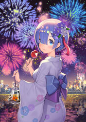  absurdres aerial_fireworks alternate_costume alternate_hair_ornament bag bagged_fish blue_eyes blue_flower blue_hair blunt_bangs blush bow breasts candy_apple commentary eating female firework_background fireworks fish floral_print flower food goldfish hair_flower hair_ornament hair_over_one_eye highres japanese_clothes kimono long_sleeves looking_at_viewer medium_breasts morning_glory_print outdoors purple_bow purple_flower purple_kimono re:zero_kara_hajimeru_isekai_seikatsu rem_(re:zero) ribbon short_hair skyline solo standing water wide_sleeves x_hair_ornament yuri_(chocho_q) 