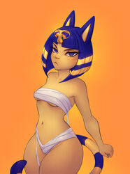  2021 5_fingers absurd_res animal_crossing ankha_(animal_crossing) anthro bandeau blue_eyes blue_hair breasts chest_wraps clothed clothing domestic_cat eyebrows eyelashes felid feline felis female fingers hair hi_res looking_at_viewer mammal monian nintendo skimpy small_breasts solo topwear under_boob uraeus wraps yellow_body 