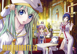  3girls aika_granzchesta alice_carroll aria_(manga) aria_company_uniform aria_pokoteng beret blouse blue_eyes blue_hair blush brown_eyes clothing_cutout dress feline fingerless_gloves gloves green_eyes green_hair hair_tubes hat highres hime_granzchesta himeya_company_uniform indoors long_dress long_hair mizunashi_akari multiple_girls open_mouth orange_planet_uniform painting_(object) photoshop_(medium) pink_hair pnhikaru president_maa sailor_collar shirt short_hair short_sleeves side_slit sidelocks single_glove smile title tucking_hair uniform white_dress white_shirt 