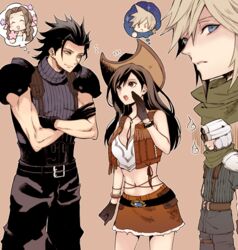  2boys 2girls aerith_gainsborough armor belt belt_buckle black_gloves black_hair blonde_hair blue_eyes bracelet braid braided_ponytail breasts brown_gloves brown_hair brown_headwear brown_skirt brown_vest buckle cloud_strife cowboy_hat cowboy_shot cowgirl_(western) crisis_core_final_fantasy_vii crop_top crossed_arms final_fantasy final_fantasy_vii final_fantasy_vii_remake flower gloves hair_ribbon hat helmet jewelry long_hair low_ponytail lowres midriff mono0805 multiple_boys multiple_girls navel official_alternate_costume pants pink_ribbon red_eyes ribbon scarf shinra_infantry_uniform shoulder_armor simple_background skirt sparkle sweater thinking tifa_lockhart tifa_lockhart_(cowgirl) turtleneck turtleneck_sweater vest zack_fair 