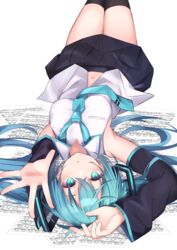  aqua_eyes aqua_hair aqua_necktie armpits arms_up bare_shoulders black_skirt black_sleeves breasts chroemaguro commentary_request detached_sleeves expressionless female hatsune_miku highres looking_at_viewer lying medium_breasts miniskirt navel necktie on_back open_hand paper parted_lips partial_commentary pleated_skirt reaching reaching_towards_viewer sheet_music shirt simple_background skirt sleeveless sleeveless_shirt solo thighs twintails upside-down vocaloid white_background white_shirt 