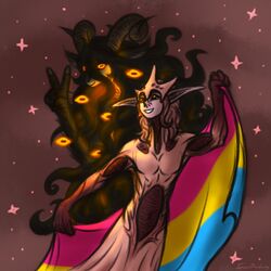  1:1 anthro black_hair bovid caprine cosmic_background curled_horn dark_eyes deity duo eldritch_abomination elf female flag flag_(object) gesture glowing glowing_eyes goat hair hand_gesture holding_flag holding_object horn humanoid humanoid_pointy_ears lesoroga_(taraelblackwing) lgbt_pride male mammal multi_eye orange_eyes pansexual_pride_colors pink_body pink_hair pink_skin pride_color_flag pride_colors pseudo_hair smile space space_background star taraelblackwing tentacle tentacle_hair v_sign va&#039;kri_ryakh_(taraelblackwing) 