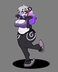  4:5 amhidden anthro bear black_body black_fur breasts cleavage clothed clothing female footwear fur giant_panda grey_background hair hi_res mammal open_mouth open_smile purple_eyes purple_hair sandals simple_background smile solo white_body white_fur 