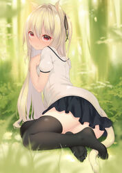  animal_ears blurry blurry_background blush breasts cat_ears closed_mouth commentary_request feet female forest hair_between_eyes highres long_hair looking_at_viewer nature no_shoes original outdoors photoshop_(medium) pleated_skirt red_eyes shirt shokuyou_mogura short_sleeves sitting skirt small_breasts smile solo tail two_side_up white_hair white_shirt 