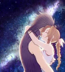  1boy aerith_gainsborough arms_around_back arms_around_neck black_hair blue_shirt braid braided_ponytail brown_hair chiru_(sanifani) closed_eyes couple crisis_core_final_fantasy_vii curly_hair dress female final_fantasy final_fantasy_vii hair_ribbon hair_slicked_back hug medium_hair milky_way parted_bangs parted_lips ribbon shirt sidelocks sky sleeveless sleeveless_turtleneck star_(sky) starry_sky straight turtleneck unworn_armor upper_body white_dress zack_fair 