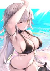  absurdres ahoge arm_strap between_breasts bikini blush braid breasts choker cleavage collarbone fate/grand_order fate_(series) female grey_hair hair_between_eyes hane_yuki highres jeanne_d&#039;arc_alter_(fate) jeanne_d&#039;arc_alter_(festival_outfit)_(fate) jewelry large_breasts long_hair navel necklace o-ring official_alternate_costume parted_lips solo stomach swimsuit yellow_eyes 