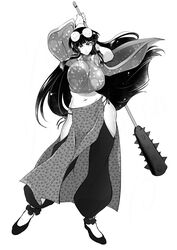  arms_up blunt_bangs breasts chinese_clothes club_(weapon) coke-bottle_glasses commentary contrapposto crop_top curvy detached_leggings eyewear_on_head female flats floral_print full_body genderswap_(mtf) glasses greyscale high_contrast highres holding holding_weapon huge_breasts huge_weapon kanabou long_hair looking_at_viewer marimo_(yousei_ranbu) midriff monochrome mousse_(ranma_1/2) navel panties pelvic_curtain ranma_1/2 round_eyewear rule_63 side-tie_panties solo spiked_club standing underwear weapon weapon_behind_back wide_sleeves 