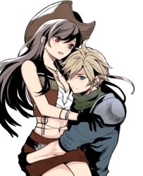  1boy armor bare_shoulders black_gloves black_hair blonde_hair blue_eyes blush bracelet breasts brown_headwear brown_skirt brown_vest carrying cleavage cloud_strife cowboy_hat cowgirl_(western) crisis_core_final_fantasy_vii crop_top female final_fantasy final_fantasy_vii final_fantasy_vii_remake gloves hand_on_another&#039;s_ass hat hug jewelry long_hair looking_at_another lowres midriff mono0805 navel open_mouth princess_carry red_eyes scarf shinra_infantry_uniform shoulder_armor skirt tifa_lockhart tifa_lockhart_(cowgirl) vest white_background 