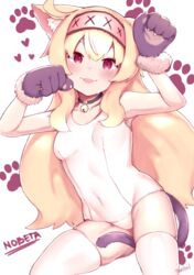  :p absurdres animal_ears animal_hands artist_name bell between_legs black_collar blonde_hair blush breasts cat_ears cat_tail character_name collar female gloves hairband heart highres little_witch_nobeta long_hair looking_at_viewer neck_bell nobeta one-piece_swimsuit paw_gloves paw_pose red_eyes school_swimsuit small_breasts solo swimsuit tail tail_between_legs teriibol thighhighs tongue tongue_out very_long_hair white_hairband white_one-piece_swimsuit white_thighhighs 