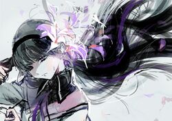  abstract absurdres akemi_homura akemi_homura_(magical_girl) alternate_body_fluid black-framed_eyewear black_hair black_hairband black_theme blunt_bangs capelet close-up closed_mouth commentary crying crying_with_eyes_open female finger_on_trigger floating_hair flower frown glasses grey_background grey_capelet grey_theme gun gun_to_head hair_over_one_eye hairband hand_up handgun head_tilt high_collar highres holding holding_gun holding_removed_eyewear holding_weapon long_hair mahou_shoujo_madoka_magica mahou_shoujo_madoka_magica_(anime) neck_ribbon petals purple_eyes purple_flower purple_ribbon purple_theme ribbon serious shaded_face simple_background solo tears tentsuu_(tentwo) unworn_eyewear upper_body v-shaped_eyebrows weapon white_flower 