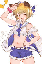  :3 animal_ears blonde_hair commentary dog_ears dog_girl dog_tail erune female granblue_fantasy hand_on_own_hip hat niii oerba_yun_fang off_shoulder official_alternate_costume one_eye_closed open_mouth sailor_collar sailor_hat scrunchie solo swimsuit tail vajra_(granblue_fantasy) vajra_(summer)_(granblue_fantasy) yellow_eyes 