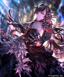  android armor black_hair blurry blurry_background breasts commentary_request corset dress energy female floating_hair frilled_dress frills gears gem glowing grey_eyes highres irua joints long_hair looking_at_viewer mechanical_arms mono_(shadowverse) motion_blur multicolored_eyes official_art parted_lips robot_joints shadowverse slit_pupils smile solo watermark wind 