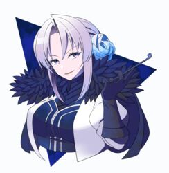  aroha_j black_cape black_gloves cape elaine_(pixiv_fantasia) feather_trim female flower gloves grey_hair hair_flower hair_ornament highres kiseru long_hair pixiv_fantasia pixiv_fantasia_3 purple_eyes sidelocks simple_background smoking_pipe solo upper_body white_background 