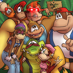  1:1 alligator alligatorid anthro ape barbary_macaque chunky_kong crocodile crocodilian crocodylid diddy_kong diddy_kong_racing dixie_kong donkey_kong_(character) donkey_kong_(series) ear_piercing ear_ring female gorilla group haplorhine hoop_ear_ring kiddy_kong kong kremling krunch_the_kremling lanky_kong male mammal midriff monkey nintendo orangutan piercing primate reptile ring_piercing scalie shesamonkey tiny_kong 