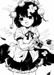  bandaid bandaid_on_head bandaid_on_wing broken camera cowboy_shot feathered_wings feathers female greyscale hat highres holding holding_camera maguro_(mawaru_sushi) monochrome neck_ribbon open_mouth pom_pom_(clothes) ribbon scratches shameimaru_aya shirt short_hair short_sleeves simple_background skirt smile solo tearing_up tokin_hat torn_clothes torn_shirt torn_skirt touhou white_background wings 