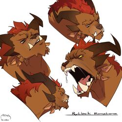  1:1 anthro bodily_fluids brown_body brown_fur charr drooling fangs felid fur guild_wars hair hi_res horn male mammal nyuudles open_mouth red_hair roaring rytlock_brimstone saliva solo video_games 