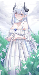  absurdres bare_shoulders blue_flower blue_rose blunt_bangs blush breasts cake_walker choker cleavage closed_mouth collarbone detached_sleeves dress earrings feet_out_of_frame female flower grey_hair highres horns jewelry large_breasts long_hair looking_at_viewer mole mole_under_eye original own_hands_together pleated_dress pointy_ears rose short_sleeves smile solo standing thea_(nekojira) very_long_hair white_choker 