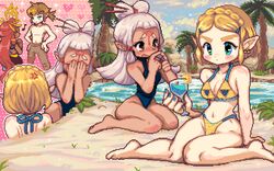  1boy 3girls alternate_costume anger_vein aqua_eyes bare_legs barefoot bikini blonde_hair blue_eyes blue_one-piece_swimsuit blue_sky blush blush_stickers braid breasts brown_eyes brown_pants christy_frisby cleavage closed_mouth cloud cloudy_sky commentary covering_face crown_braid dark-skinned_female dark_skin earrings english_commentary facial_mark fingers_together forehead_mark full_body gerudo hair_ornament hair_stick hairclip hands_on_own_hips headpiece heart index_fingers_together jewelry link long_hair medium_breasts midriff multiple_girls multiple_views musical_note navel one-piece_swimsuit open_mouth pants parted_bangs paya_(zelda) pixel_art pointy_ears pond ponytail pout princess_zelda red_hair riju sand short_hair sitting sky sparkle swimsuit the_legend_of_zelda the_legend_of_zelda:_tears_of_the_kingdom thick_eyebrows thighs topless_male tree triforce_print white_hair yellow_bikini 