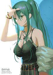  arknights bangle bare_shoulders belt black_belt blue_background bracelet breasts camisole cleavage female green_hair hand_up highres horns hoshiguma_(arknights) jewelry large_breasts long_hair looking_at_viewer makkuro off_shoulder official_alternate_costume ponytail single_horn solo spaghetti_strap two-tone_background upper_body very_long_hair white_background yellow_eyes 