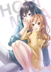  1boy absurdres black_hair blue_eyes blue_hoodie brown_eyes brown_hair commentary copyright_name couple female hair_between_eyes highres hood hoodie hori-san_to_miyamura-kun hori_kyouko medium_hair miyamura_izumi nanase_kaduki sitting smile straight sweater yellow_sweater 