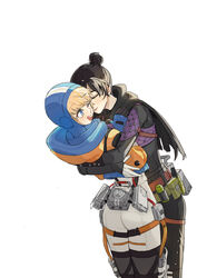  2girls absurdres animification apex_legends ass belt black_bodysuit black_thighhighs blue_bodysuit bodysuit brown_belt cable chinese_commentary closed_eyes commentary_request hair_behind_ear hair_bun hand_on_another&#039;s_shoulder highres hood hood_down hood_up hooded_bodysuit hooded_jacket hug jacket leaning_back leaning_forward multiple_girls orange_jacket single_hair_bun smile thigh_strap thighhighs tuxiaoning_not wattson_(apex_legends) white_background white_bodysuit wraith_(apex_legends) yuri 