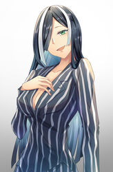  :d absurdres annabell_(durch9sicht5) ayashimon black_pants black_shirt breasts cleavage female gradient_background green_eyes hair_over_one_eye hashihime_(ayashimon) highres long_hair medium_breasts pants shirt simple_background smile solo striped_clothes striped_shirt vertical-striped_clothes vertical-striped_shirt very_long_hair white_background 