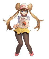  ankea_(a-ramo-do) back_bow black_pantyhose blue_eyes blush bow breasts brown_hair clenched_hand closed_mouth commentary_request cropped_legs double_bun female hair_bun hair_tie happy hat highres holding holding_poke_ball light_blush long_hair long_sleeves looking_at_viewer outstretched_arm pantyhose pink_bow pink_hat pink_legwear poke_ball poke_ball_(basic) poke_ball_symbol poke_ball_theme pokemon pokemon_bw2 raglan_sleeves rosa_(pokemon) shirt short_shorts shorts simple_background small_breasts smile socks solo standing straight-on twintails visor_cap white_background white_shirt yellow_shorts 