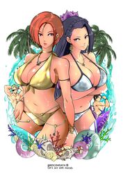  2boys 2girls beach bikini braid breasts choker crossed_arms earrings gold_bikini highres innertube jewelry kim_kaphwan large_breasts long_hair luong midriff multiple_boys multiple_girls navel necklace palm_tree purple_eyes purple_hair ramon_(kof) red_eyes red_hair rocohisaya seashell shell short_hair silver_bikini single_braid surfboard swim_ring swimsuit the_king_of_fighters tree vanessa_(kof) water 