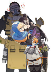  1boy 2girls absurdres anger_vein animification apex_legends ass belt black_bodysuit black_thighhighs blue_bodysuit bodysuit brown_belt brown_hair cable caustic_(apex_legends) chinese_commentary closed_eyes commentary_request gas_mask gloves goggles green_eyes hair_behind_ear hair_bun hand_on_another&#039;s_shoulder hand_on_own_hip hazmat_suit head_tilt highres hood hood_down hood_up hooded_bodysuit hooded_jacket hug jacket leaning_back leaning_forward mask multiple_girls open_hand orange_jacket outline single_hair_bun smile thigh_strap thighhighs tuxiaoning_not v-shaped_eyebrows wattson_(apex_legends) white_background white_bodysuit white_outline wraith_(apex_legends) yellow_gloves yuri 