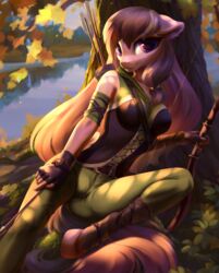  absurd_res anthro archer arrow_(weapon) autumn bottomwear bow_(weapon) clothing dawnsong earth_pony equid equine fan_character female hasbro hi_res holding_bow_(weapon) holding_object holding_ranged_weapon holding_weapon horse jumperkit looking_at_viewer mammal maple_leaf my_little_pony pants pony ranged_weapon river smile solo unguligrade_anthro weapon 