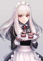  alternate_costume apron black_dress blunt_bangs brooch commentary_request cupcake dress enmaided expressionless female fire_emblem fire_emblem:_three_houses food food_on_face grey_background haru_(toyst) holding holding_tray icing jewelry light_blush long_hair lysithea_von_ordelia maid maid_apron maid_headdress photoshop_(medium) pink_eyes signature simple_background solo tray white_hair 