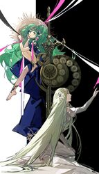  2girls barefoot braid closed_mouth dress fire_emblem fire_emblem:_three_houses flower from_side green_eyes green_hair hair_flower hair_ornament highres long_hair multiple_girls n0ise parted_lips pointy_ears rhea_(fire_emblem) sothis_(fire_emblem) sword sword_of_the_creator tiara twin_braids weapon 