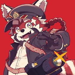  1:1 2021 a_vwxyz ailurid anthro biped black_body black_nose camera clothing cute_fangs hat headgear headwear humanoid_hands kemono lifewonders male mammal red_background red_body red_panda shirt simple_background solo tokyo_afterschool_summoners topwear white_body young zhurong_(tas) 