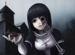  bad_id bad_pixiv_id black_hair brown_eyes building choker closed_mouth commentary cross cross_necklace eating female guro highres jewelry leng_xiin long_hair long_sleeves maggot missing_eye mouse_(animal) necklace original outdoors photoshop_(medium) skeleton 