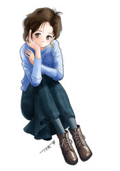  black_skirt blue_shirt blush boots brown_eyes brown_footwear brown_hair chutohampa earrings female full_body hands_up highres jewelry long_skirt long_sleeves original shirt short_hair signature simple_background sitting skirt solo white_background 