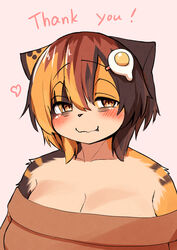  2023 accessory anthro big_breasts blush breasts brown_body brown_fur brown_hair calico_cat cleavage clothed clothing digital_media_(artwork) domestic_cat english_text felid feline felis female female_anthro fur hair hair_accessory hairclip heart_symbol hi_res huge_breasts kagarimachi_ame kemono looking_at_viewer mammal multicolored_body multicolored_fur multicolored_hair nekotsuki_kohime orange_body orange_fur orange_hair shoulderless_sweater solo sweater text thank_you topwear translated_description white_body white_fur yellow_eyes 