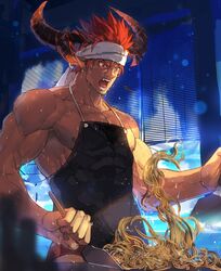  1boy abs alternate_costume apron bara collarbone cooking curled_horns dark-skinned_male dark_skin demon_boy demon_horns facial_hair headband horns ifrit_(housamo) large_pectorals male_focus muscular muscular_male nikism nipples pectorals pointy_ears red_eyes red_hair solo spiked_hair sweat tokyo_afterschool_summoners topless_male upper_body 