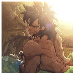  1boy ass_peek back bara black_hair broly_(dragon_ball_super) butt_crack collar commentary_request dragon_ball dragon_ball_super dragon_ball_super_broly from_behind frown fur_(clothing) long_hair looking_back lying male_focus metal_collar muscular muscular_male navel on_stomach scar scar_on_arm scar_on_cheek scar_on_face solo spiked_hair sunlight supobi thick_eyebrows topless_male turning_head 