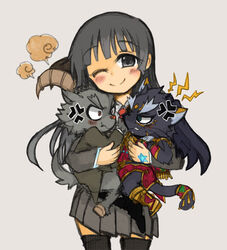  anthro black_body black_eyes black_fur black_hair blush bottomwear bovid brown_eyes caprine clothing felid female female_protagonist_(tas) fur glare goat green_eyes grey_body grey_fur grin group hair holding_character horn human lifewonders long_hair male mammal markings pantherine protagonist_(tas) salomonkun shiina_takuto simple_background size_difference skirt smaller_anthro smile smiling_at_viewer tezcatlipoca_(tas) tokyo_afterschool_summoners white_background yellow_markings 