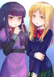  2girls artist_name bad_id bad_pixiv_id black_hair blonde_hair blush bow breasts brown_eyes candy commentary dress food hair_ornament hidaka_koharu high_score_girl hime_cut lollipop long_hair long_sleeves looking_at_viewer multiple_girls oono_akira purple_dress red_bow ribbon skirt standing takuyarawr 